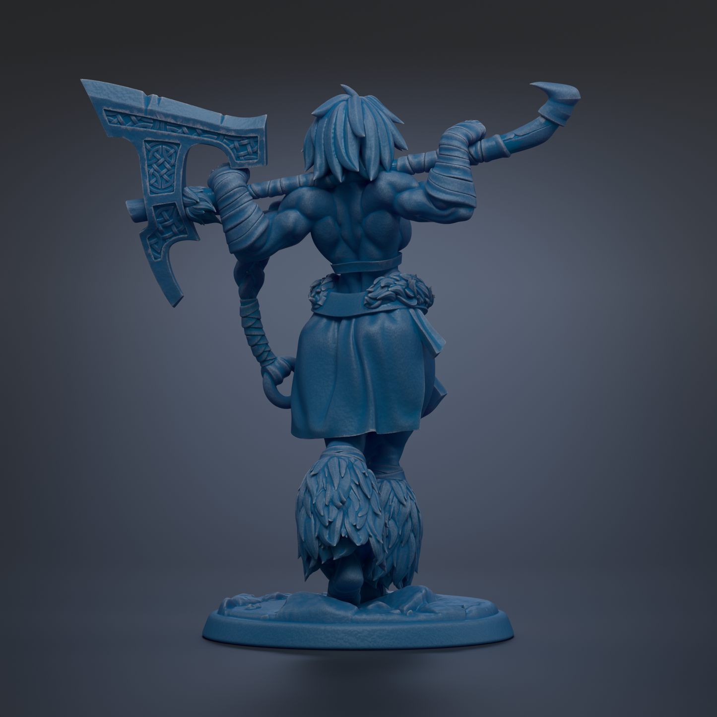 A blue statue of a muscular, battle-ready figure holding a large weapon and standing on a platform.