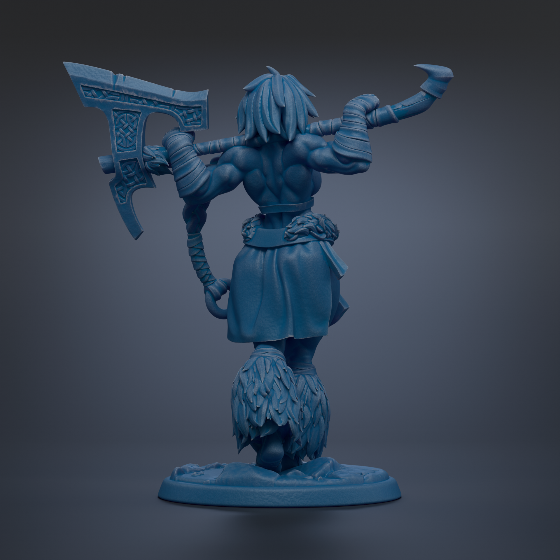 A blue statue of a muscular, battle-ready figure holding a large weapon and standing on a platform.