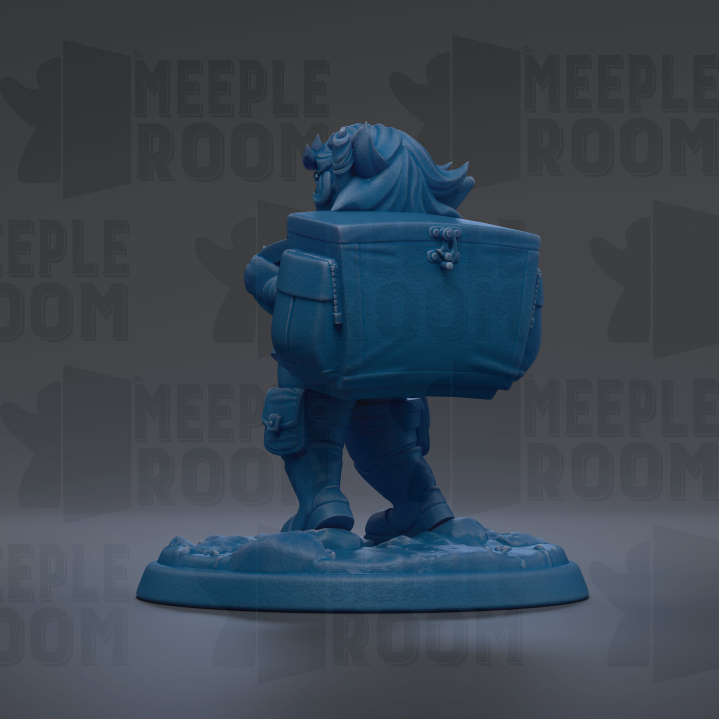 A blue figurine of a person carrying a large blue box, standing on a platform.