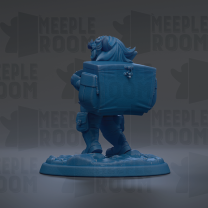 A blue figurine of a person carrying a large blue box, standing on a platform.