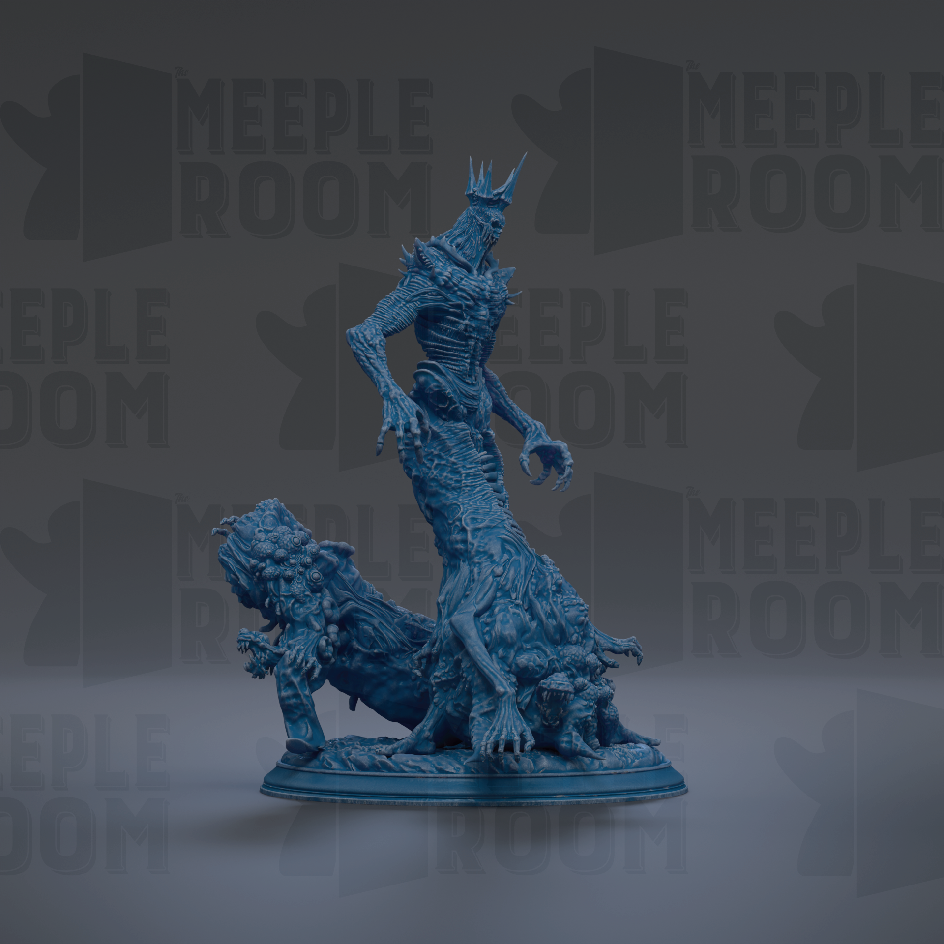 A 3D rendering of a blue, fantastical creature with a crown-like head, standing on a pedestal and facing a smaller, similar creature. The background is dark and has the text "MEUPLE ROOM" repeated multiple times.