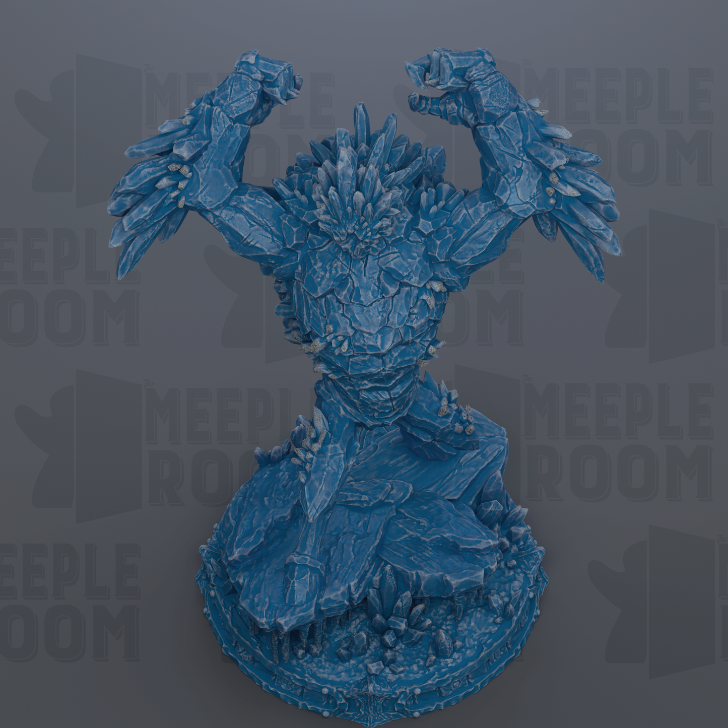 A blue, rocky statue with raised arms, set against a dark background with repeated text.