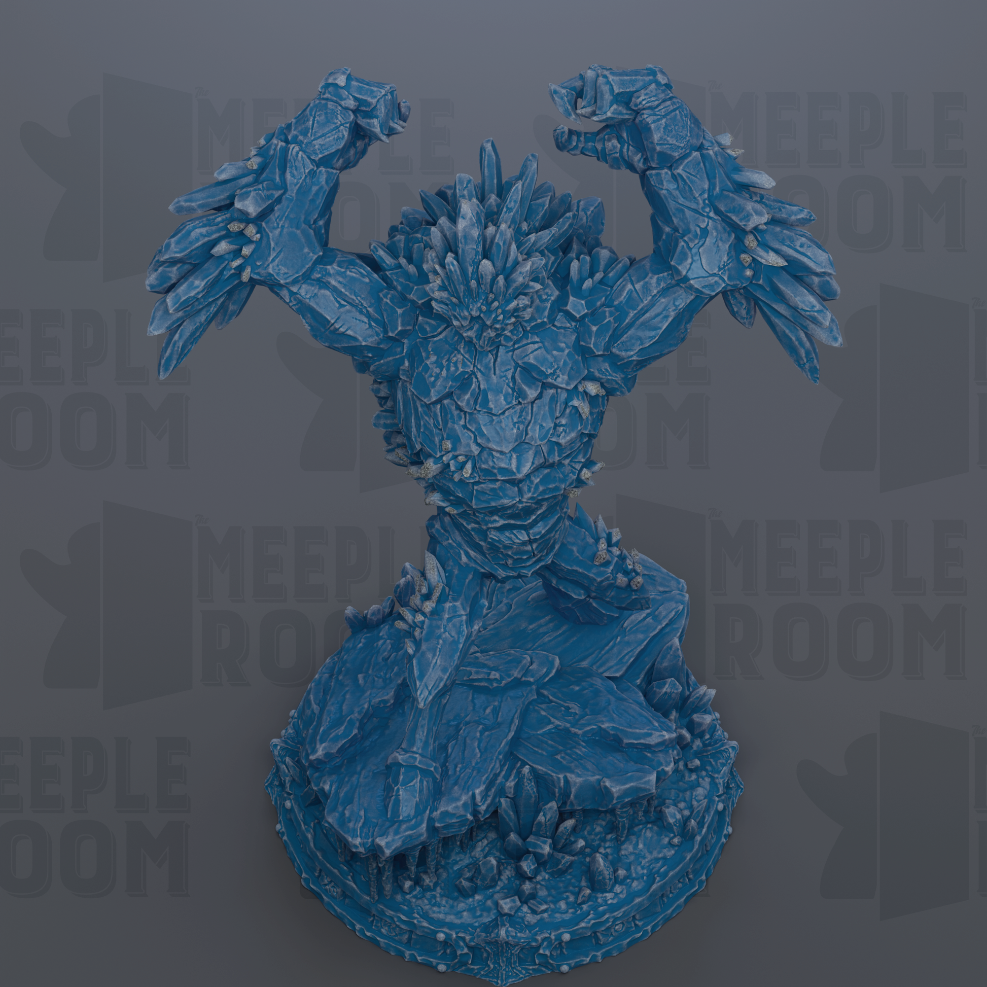 A blue, rocky statue with raised arms, set against a dark background with repeated text.