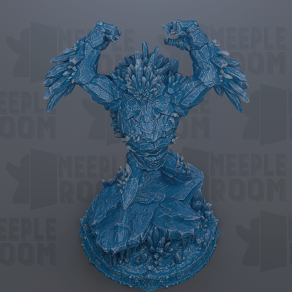 A blue, rocky statue with raised arms, set against a dark background with repeated text.