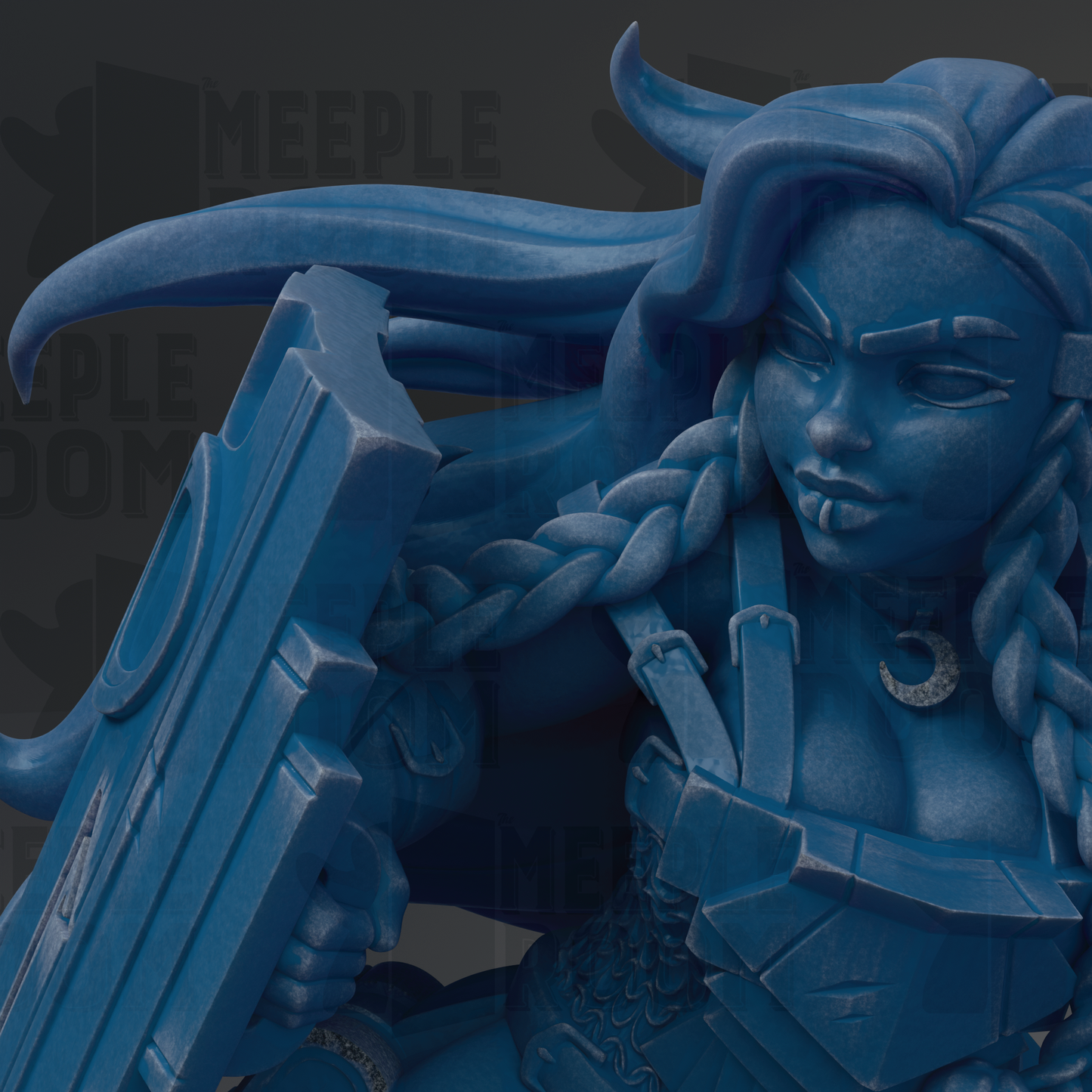 A close-up of a blue, stylized female character holding a weapon, with intricate details and a detailed design.