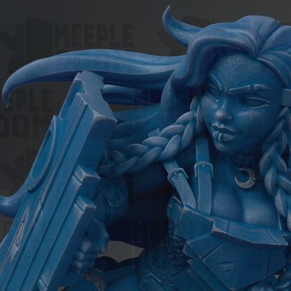 A close-up of a blue, stylized female character holding a weapon, with intricate details and a detailed design.
