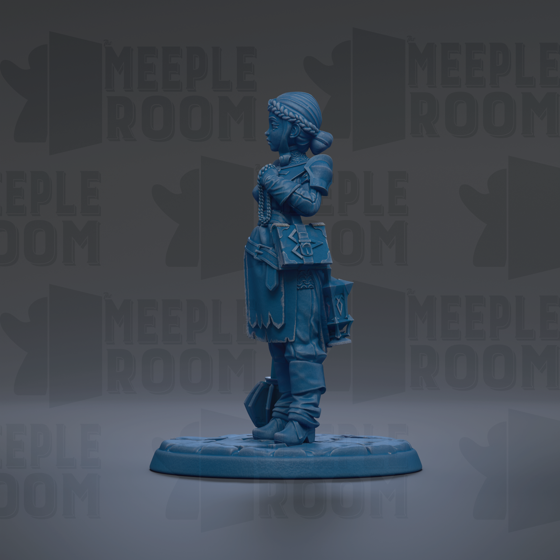 A blue figurine of a person standing on a platform against a dark background with repeated text.