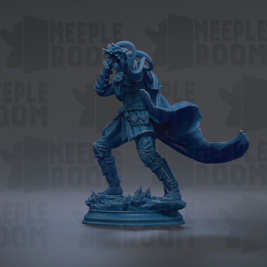 A blue statue of a person with a cape and a dragon-like creature on their head, standing on a pedestal.