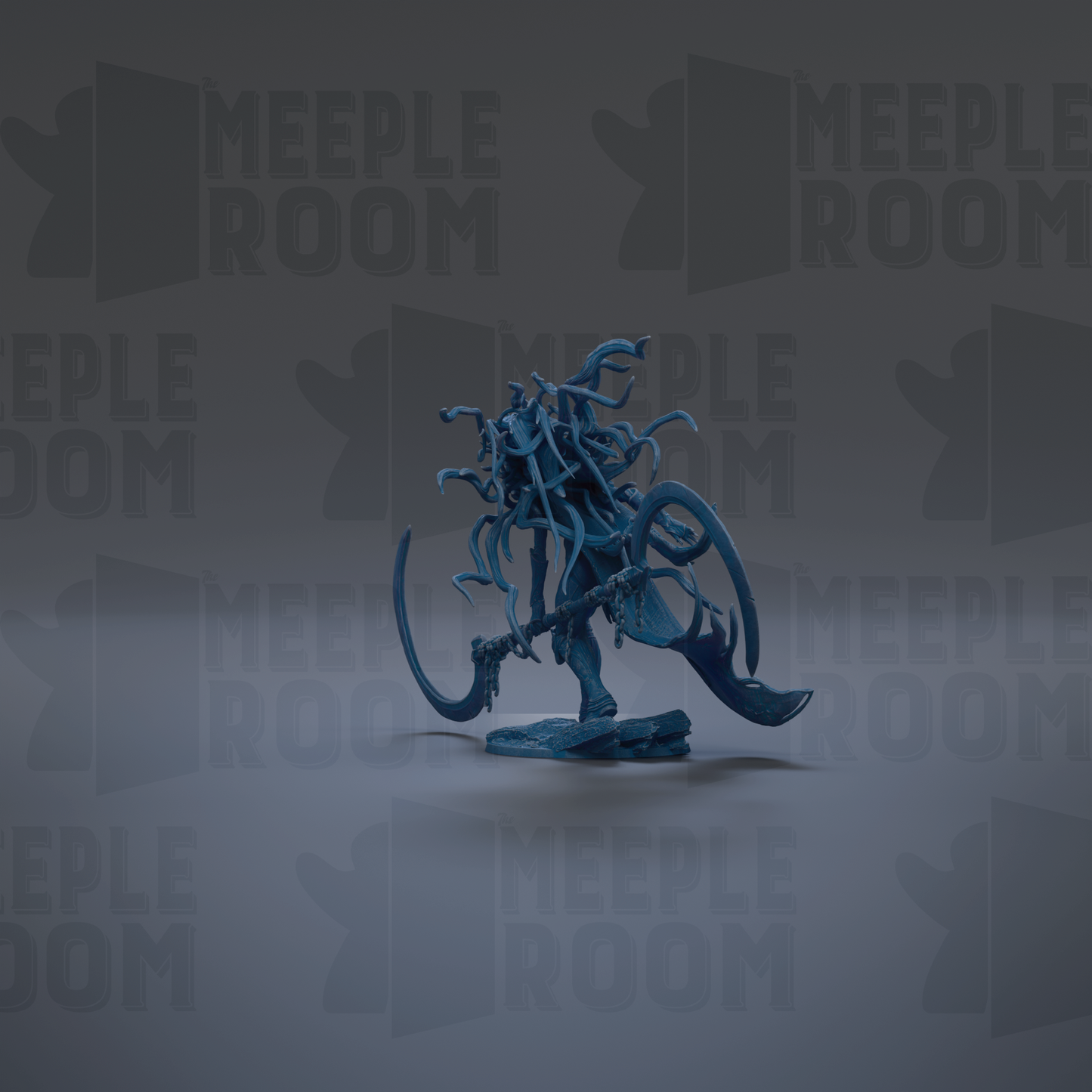 A blue, abstract figure with a curved, elongated body and a pointed head stands against a dark background with repeated "MEIPLE ROOM" text.