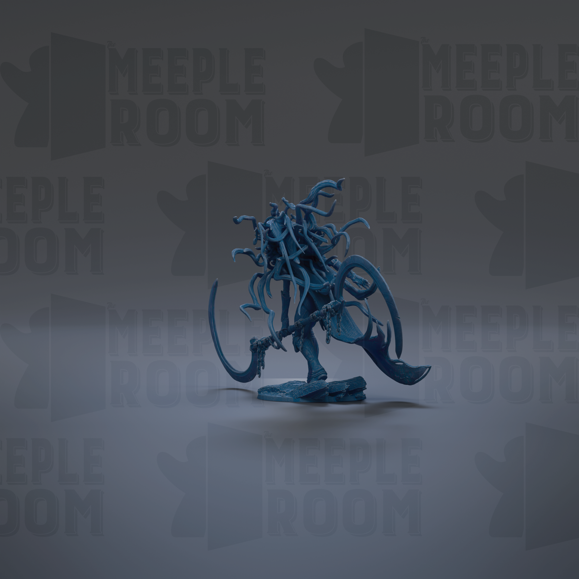 A blue, abstract figure with a curved, elongated body and a pointed head stands against a dark background with repeated "MEIPLE ROOM" text.