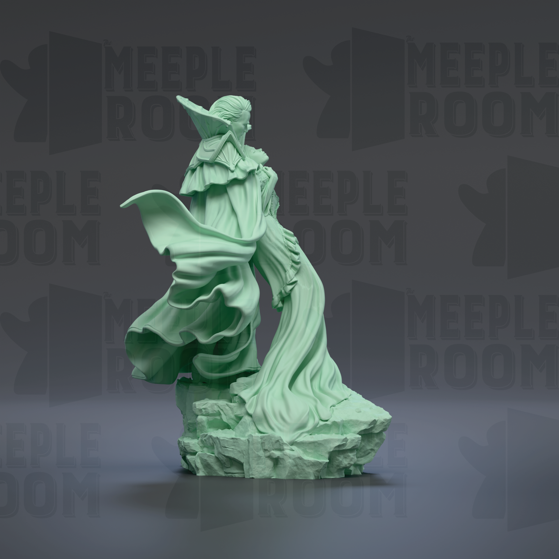 A green statue of a woman with flowing robes and a flowing headdress, standing on a rock formation against a dark background with repeated text.