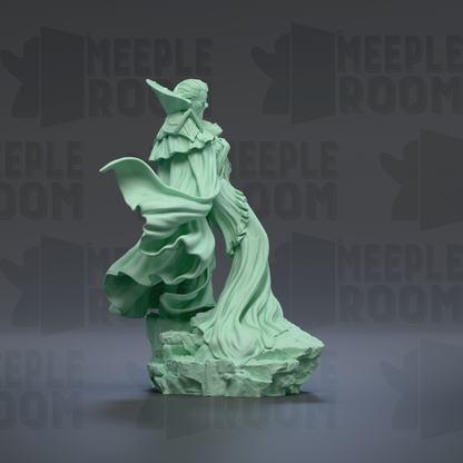 A green statue of a woman with flowing robes and a flowing headdress, standing on a rock formation against a dark background with repeated text.