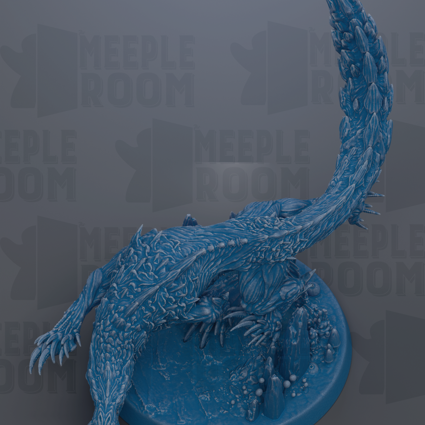 A detailed 3D rendering of a blue, fantastical creature with intricate scales and textures, sitting on a circular base.