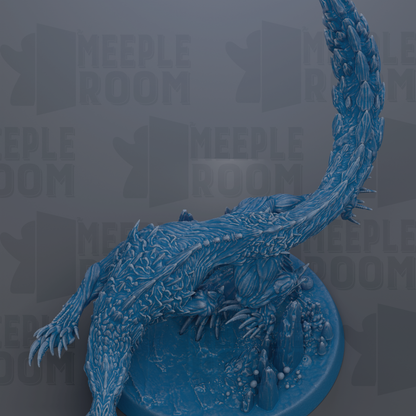 A detailed 3D rendering of a blue, fantastical creature with intricate scales and textures, sitting on a circular base.
