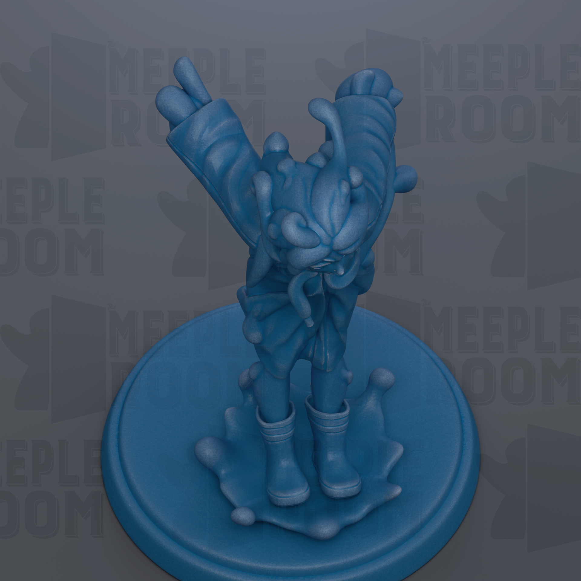 A blue, abstract sculpture with a distorted, ethereal form stands on a circular base against a gray background.