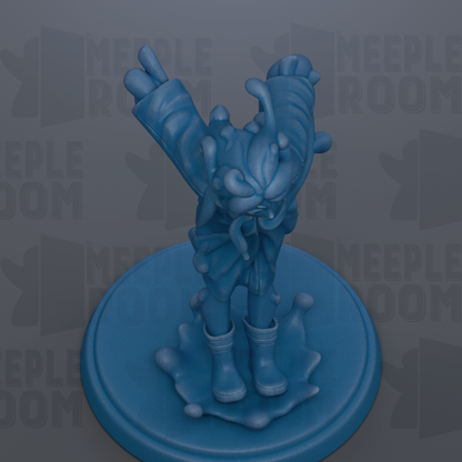 A blue, abstract sculpture with a distorted, ethereal form stands on a circular base against a gray background.