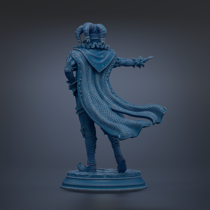 A blue statue of a person with a flowing cape and a pointed hat, standing on a pedestal and pointing towards the right side of the image.