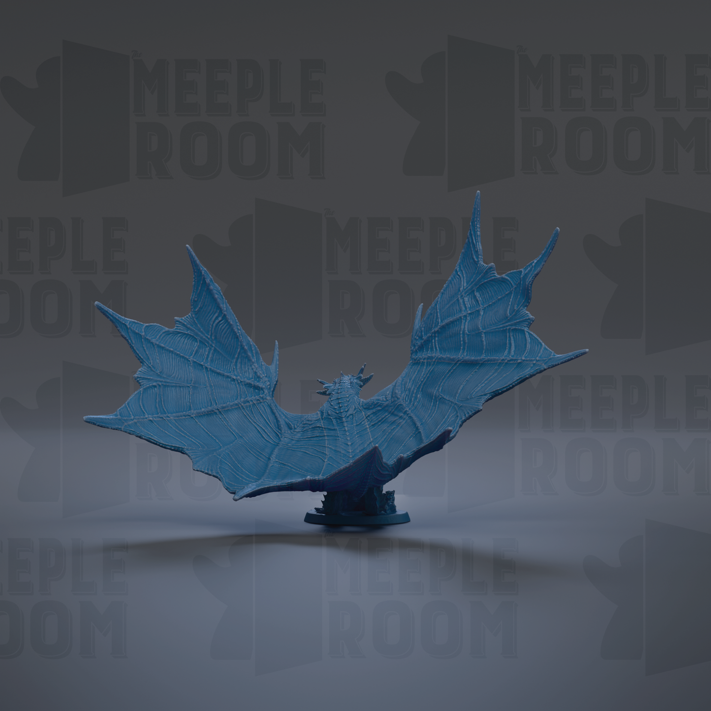 A blue bat-like creature with outstretched wings is the central focus of the image, set against a dark background with repeated text.