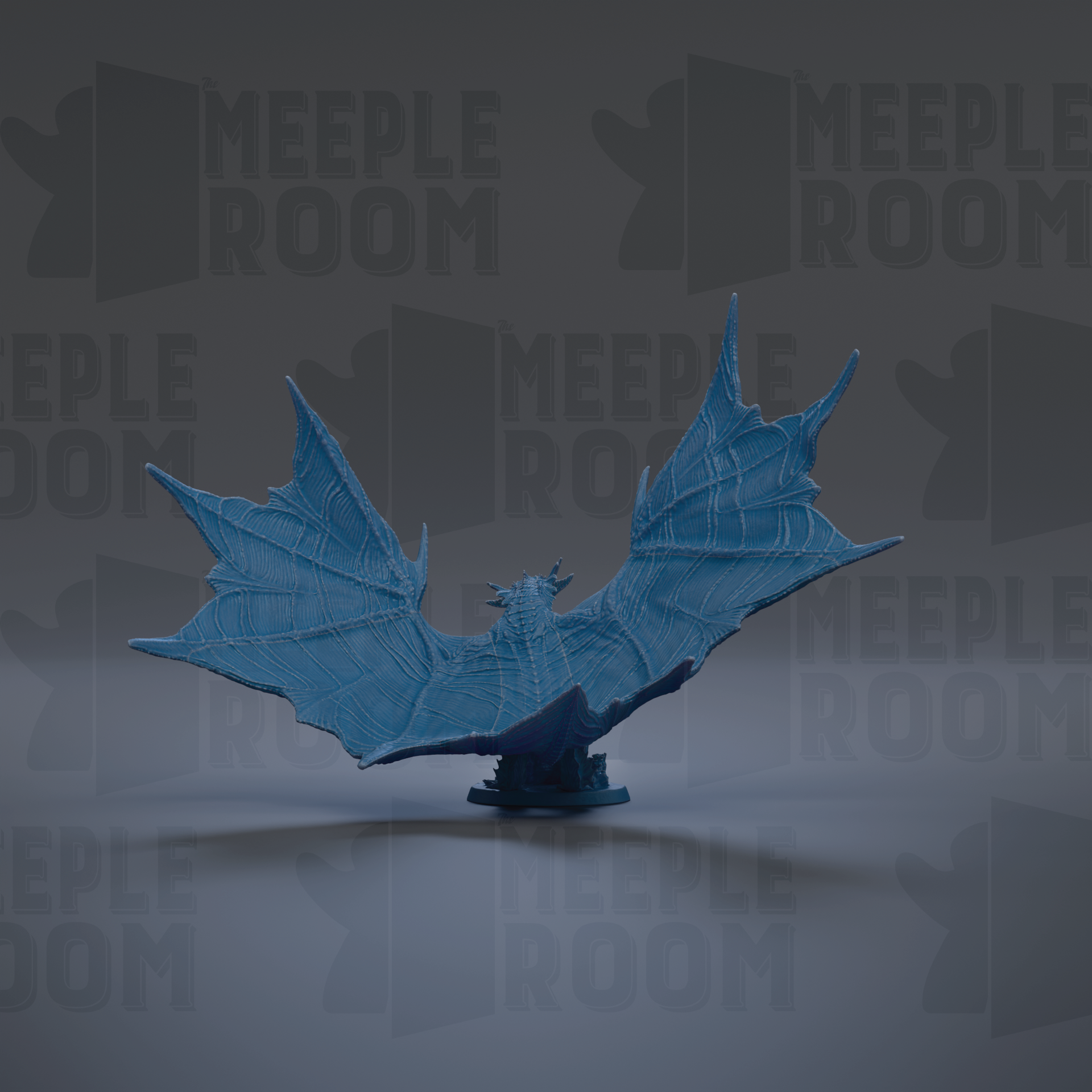A blue bat-like creature with outstretched wings is the central focus of the image, set against a dark background with repeated text.