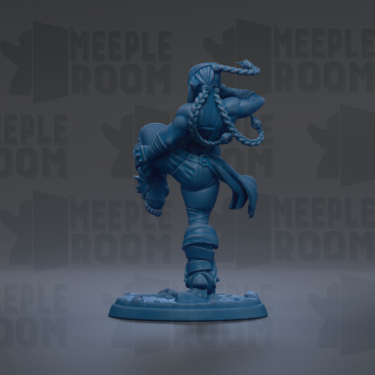 A blue figurine of a person with braided hair and a determined expression, standing on a platform.