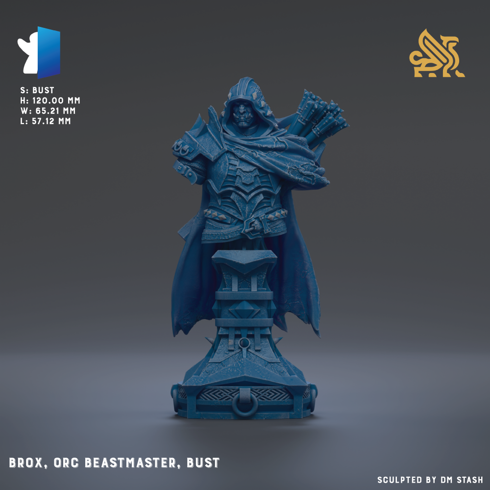 a blue statue of a warrior figure, specifically the "Orc beastmaster", named "Brox".
