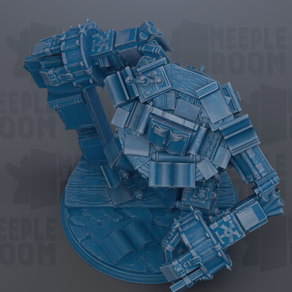 The image is a 3D rendering of a complex, metallic structure with various geometric shapes and components, including what appear to be gears, pipes, and other mechanical parts. The image does not contain any text or specific details about the scene.