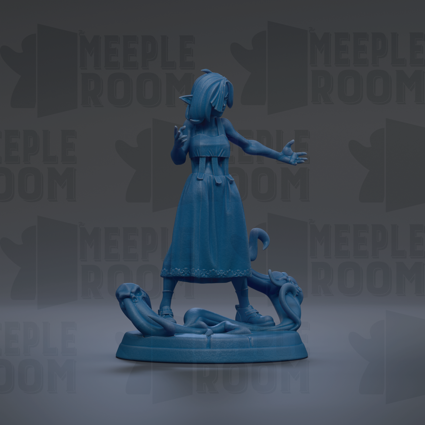 A blue figurine of a woman standing on a base, with a cat-like creature in the background.