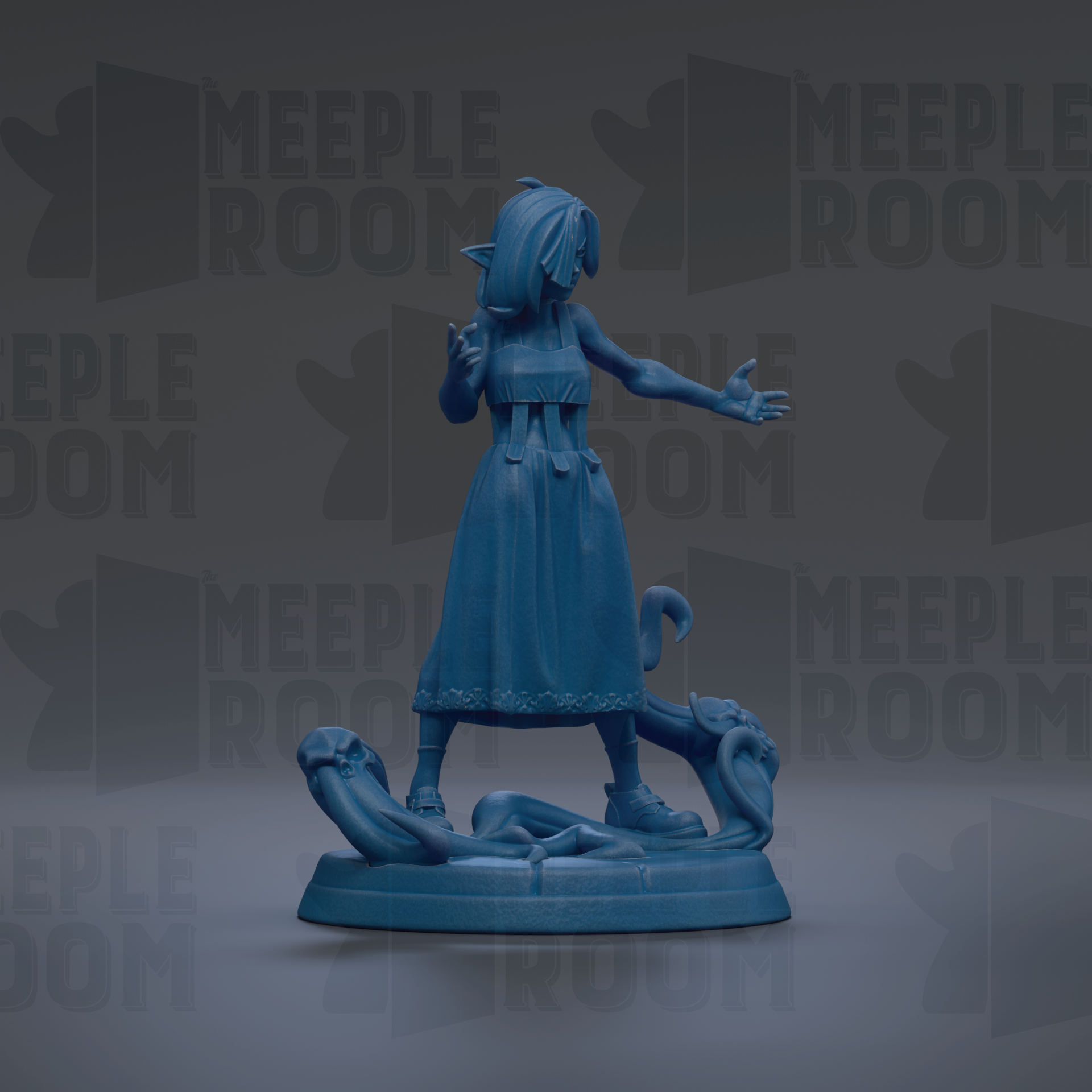 A blue figurine of a woman standing on a base, with a cat-like creature in the background.
