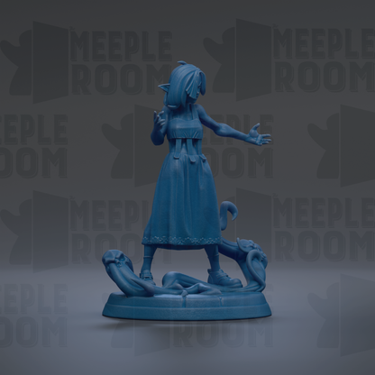 A blue figurine of a woman standing on a base, with a cat-like creature in the background.