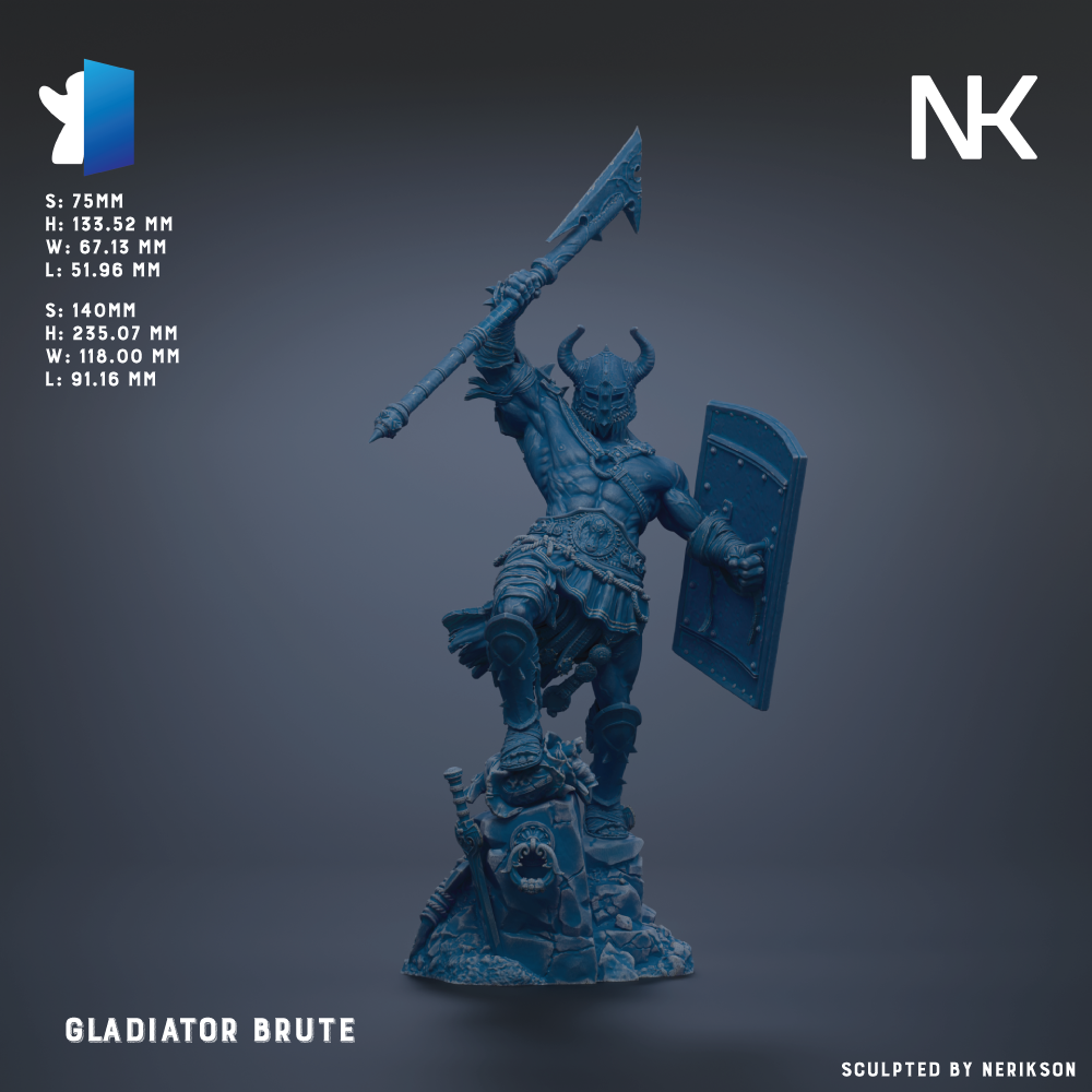 a blue warrior figure, specifically the character known as the "Gladiator Brute", standing in a fighting stance with a shield and sword.