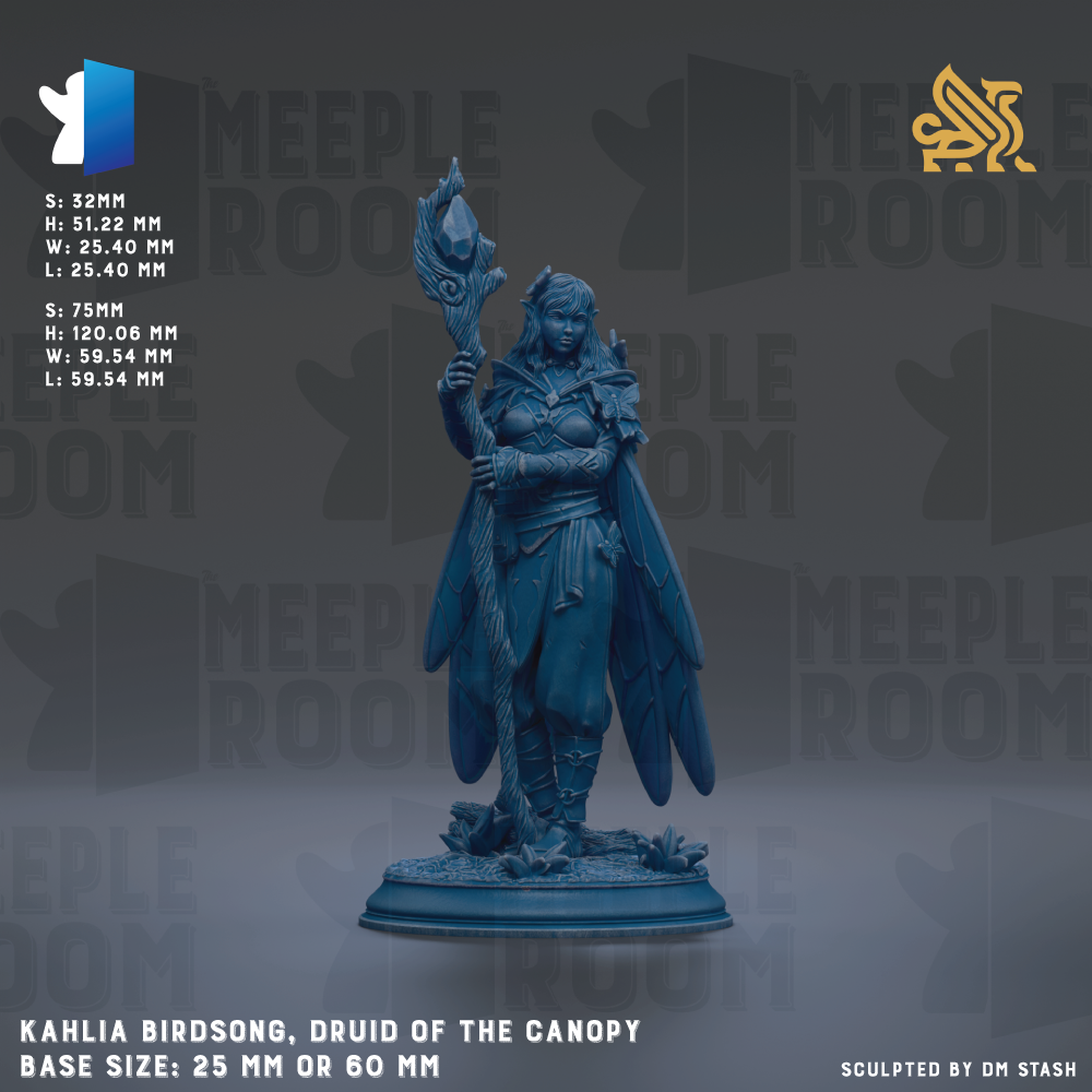 a figurine of a woman, described as a Druid of the Canopy, with a blue color. The figurine is shown in a standing position, holding a staff or staff-like object. The base size of the figurine is either 25mm or 60mm. The image does not contain any text that can be described in more detail, and it is not a collage of multiple images. The image does not include any text that can be described in more detail.