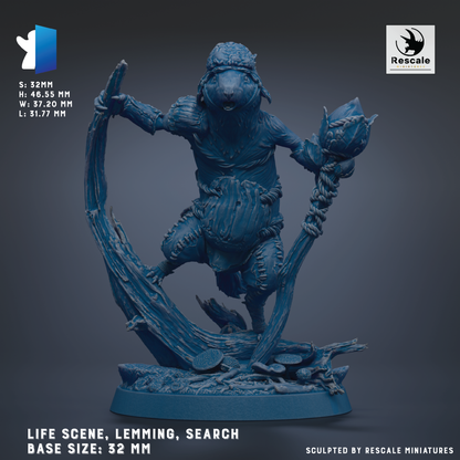 The image is a 3D model of a character, specifically a lemming, which is a type of rodent. The character is depicted in a dynamic pose, holding a stick and a plant. The base size of the statue is 32 mm. The image is a sculpture, and it is created by Rescale miniatures.