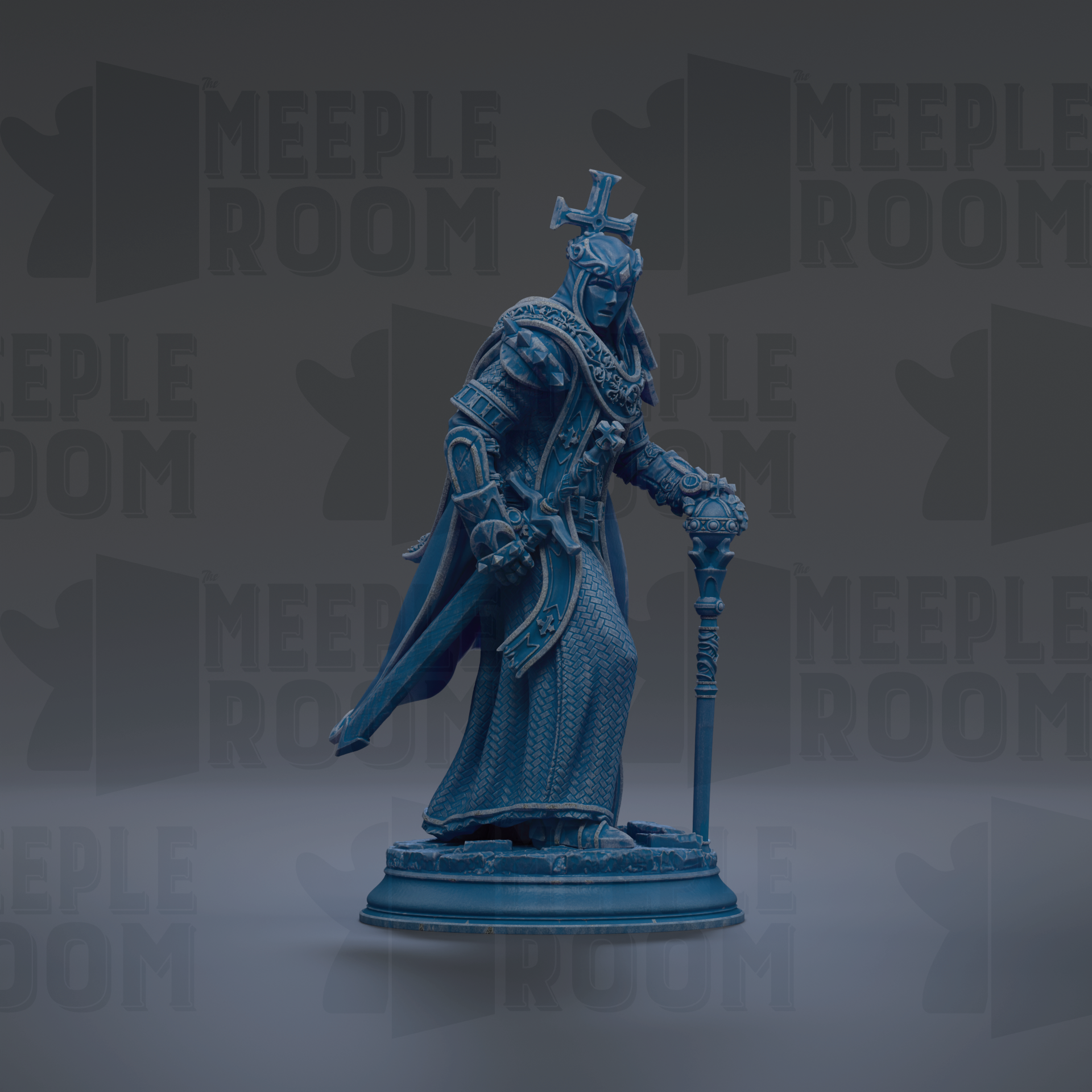 A blue statue of a figure holding a staff and sword, standing on a pedestal against a dark background with repeated text.