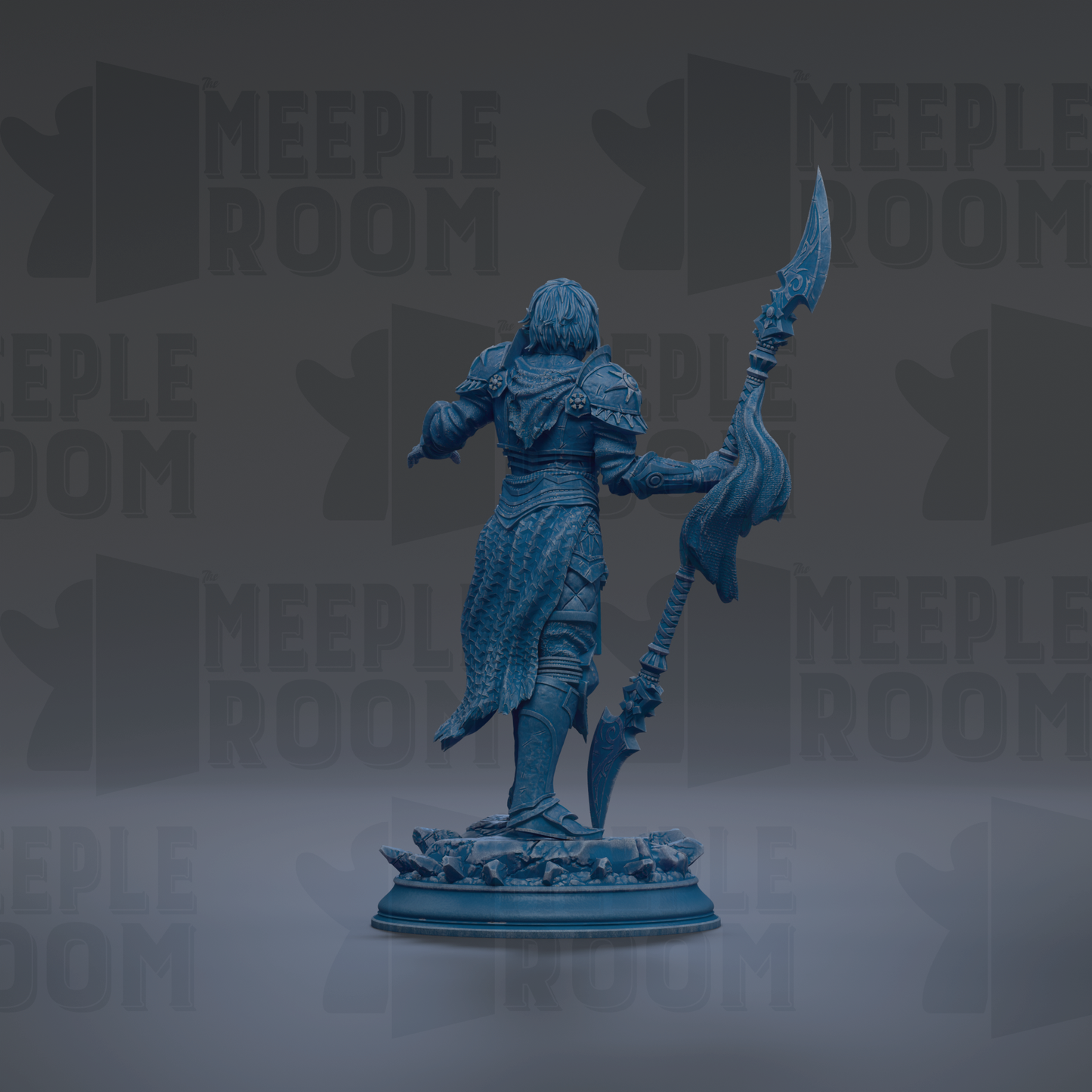 A blue statue of a warrior figure holding a spear and shield, standing on a pedestal.