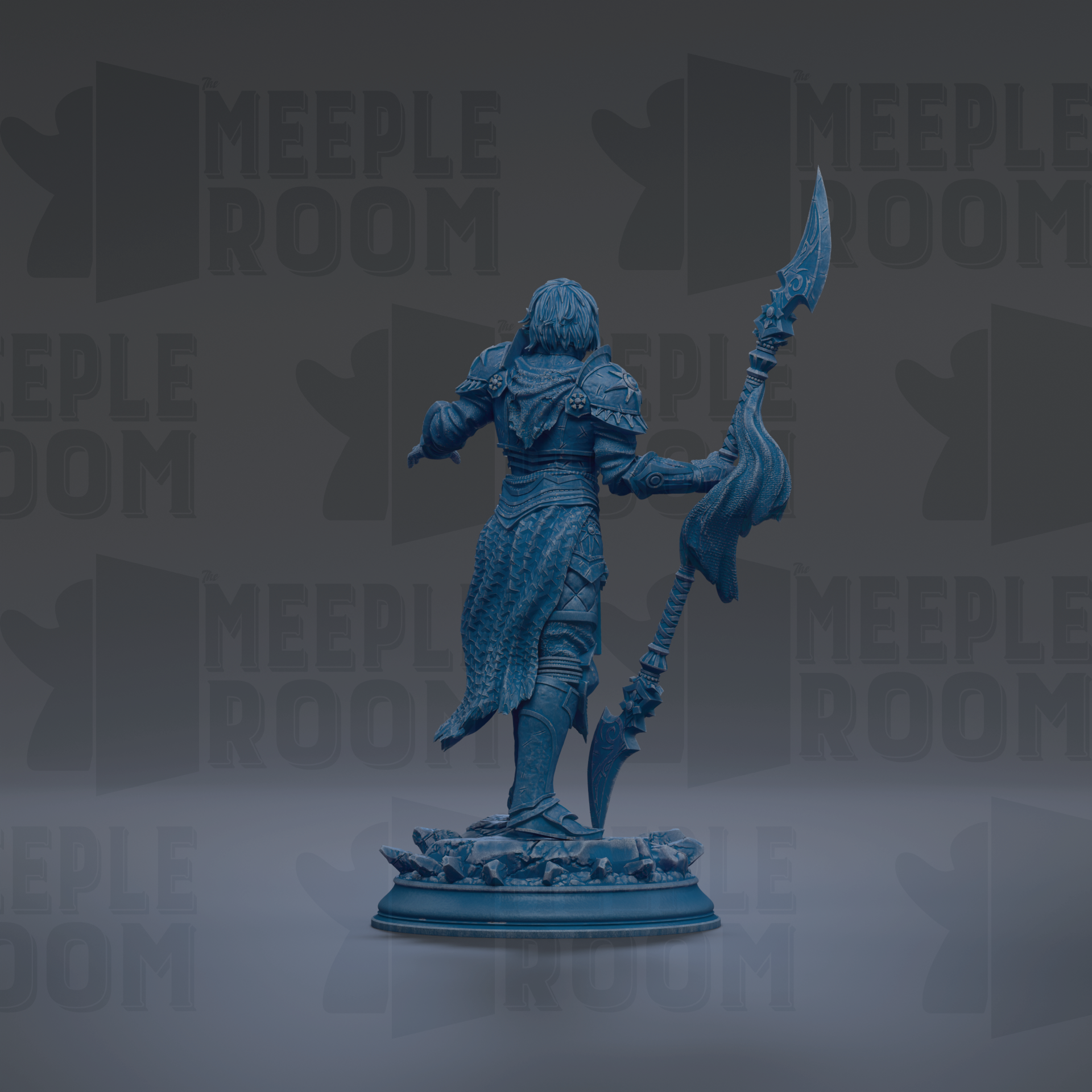 A blue statue of a warrior figure holding a spear and shield, standing on a pedestal.