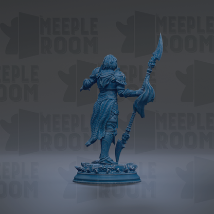 A blue statue of a warrior figure holding a spear and shield, standing on a pedestal.