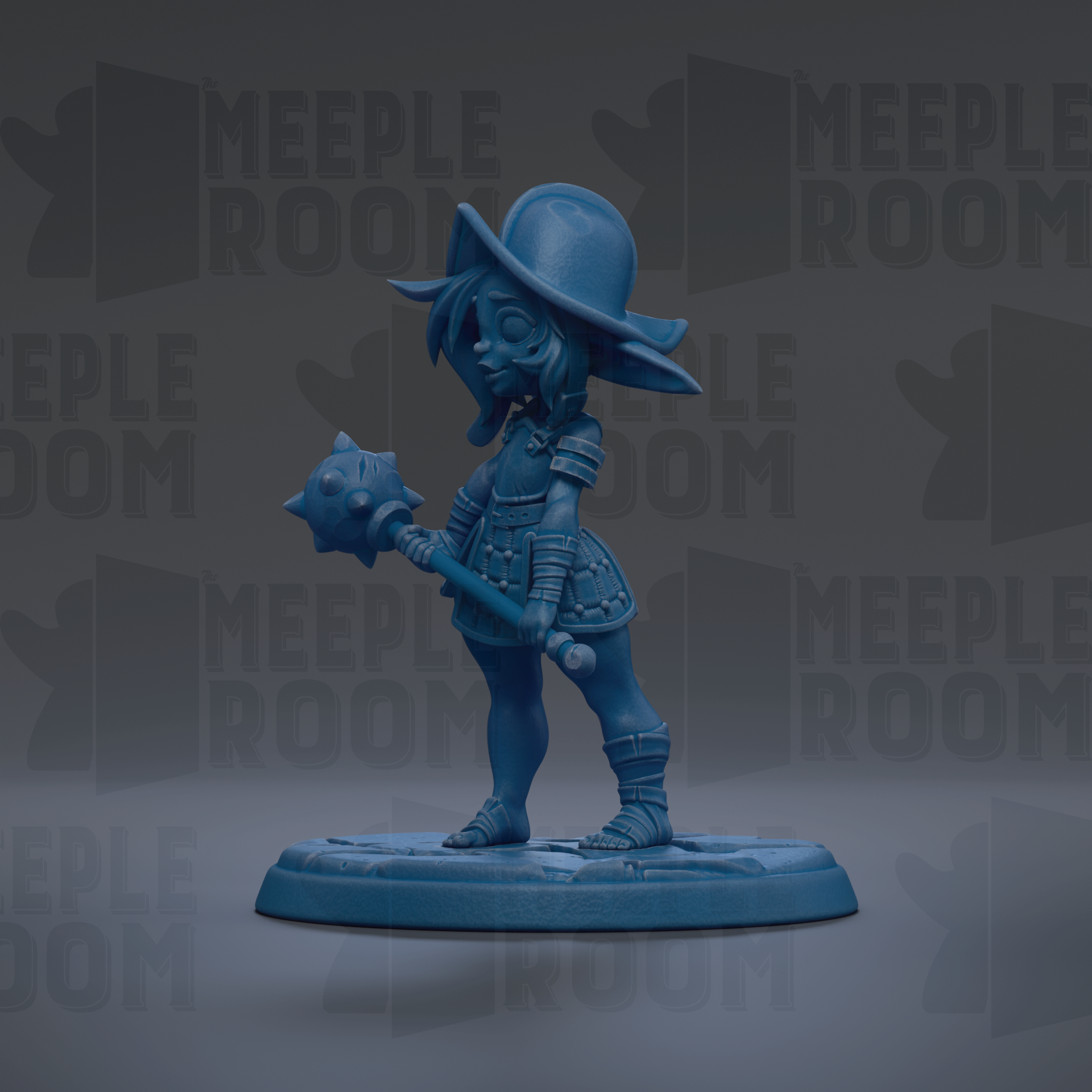 A blue figurine of a character with a pointed hat and sword, standing on a base.