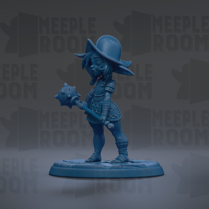 A blue figurine of a character with a pointed hat and sword, standing on a base.