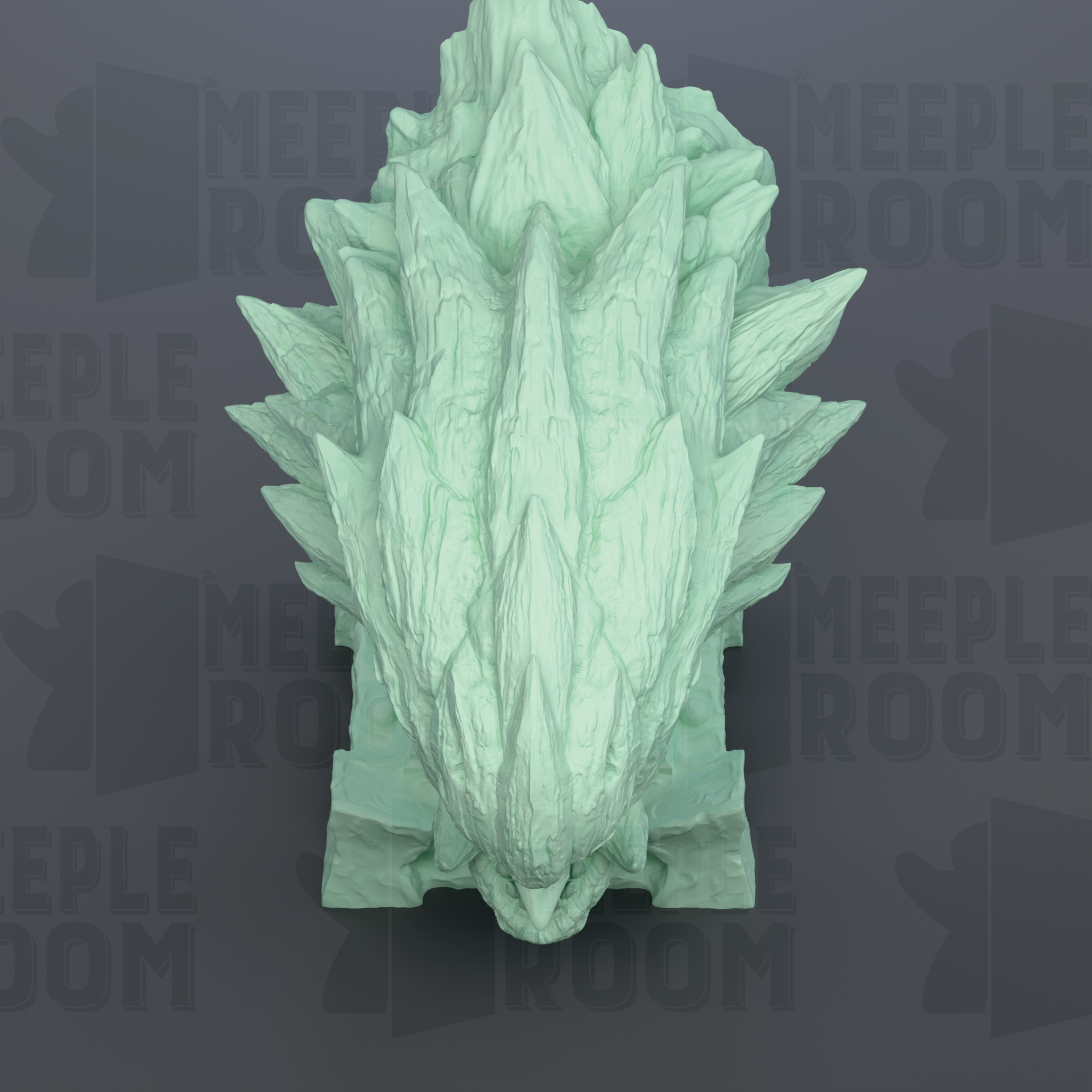 A 3D rendering of a green, spiky, rock-like object resembling a dragon or a similar mythical creature.