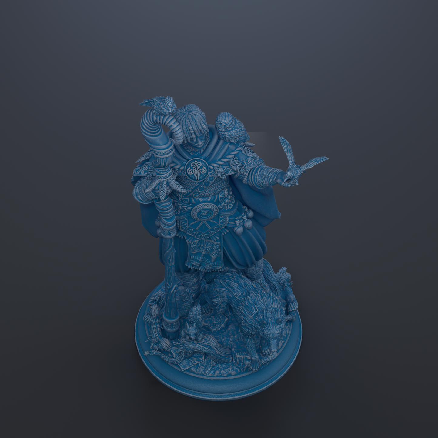 A detailed 3D rendering of a fantastical creature, possibly a dragon or mythical beast, standing on a pedestal and holding a staff.