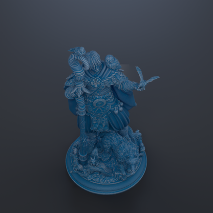 A detailed 3D rendering of a fantastical creature, possibly a dragon or mythical beast, standing on a pedestal and holding a staff.