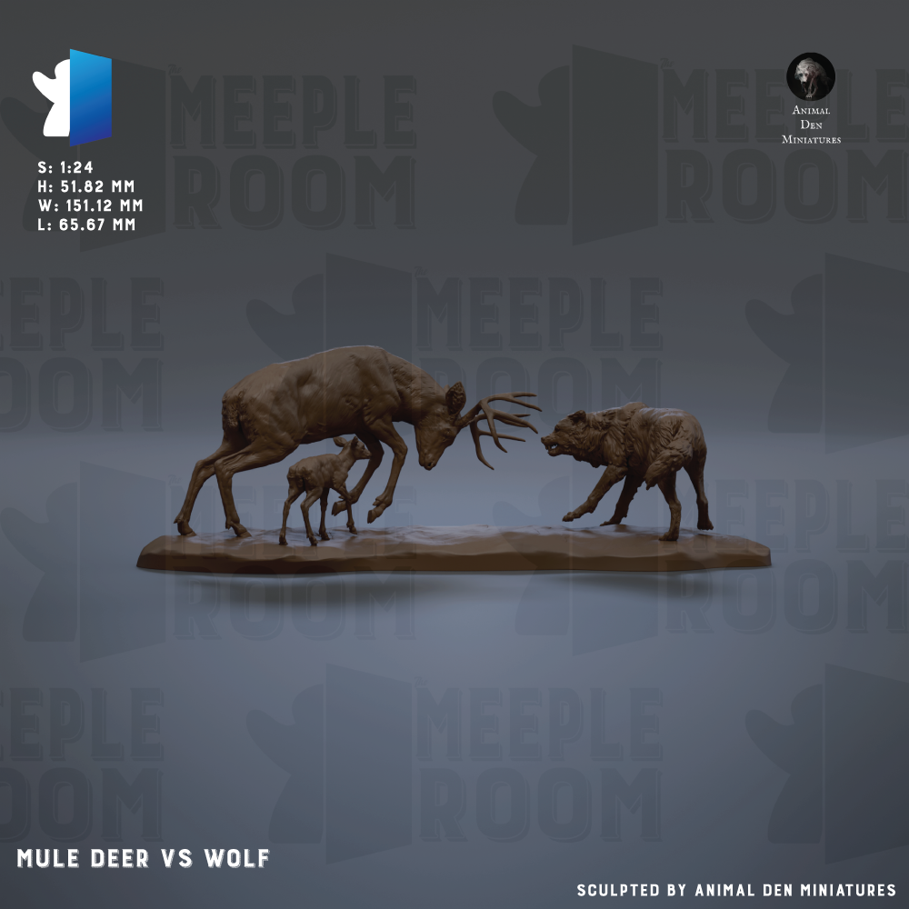a sculpture of a deer and a wolf engaged in a confrontation, with the deer appearing to be in a defensive stance and the wolf appearing to be attacking.