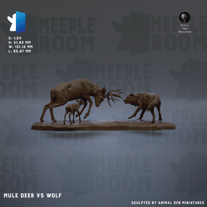 a sculpture of a deer and a wolf engaged in a confrontation, with the deer appearing to be in a defensive stance and the wolf appearing to be attacking.