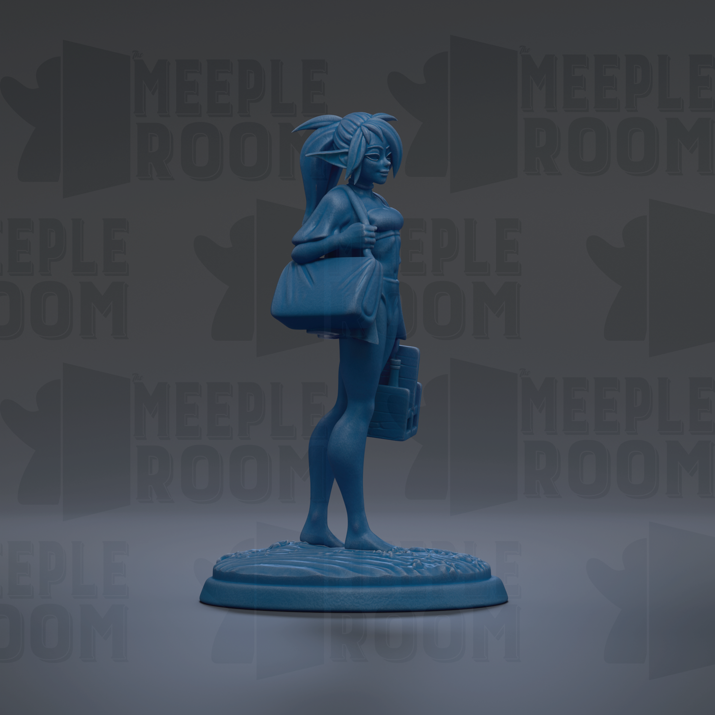 A blue figurine of a woman with a large bag stands on a base against a dark background with repeated text.