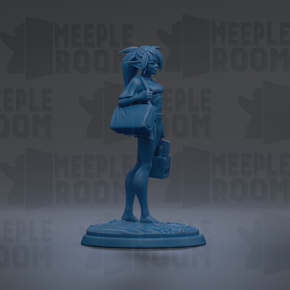 A blue figurine of a woman with a large bag stands on a base against a dark background with repeated text.