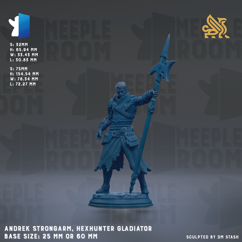a blue figurine of a knight, specifically the Hex Hunter Gladiator, standing in a fighting stance with a large sword in his right hand. The figurine is described as a 25mm or 60mm base size, and it is sculpted by DM Stash.