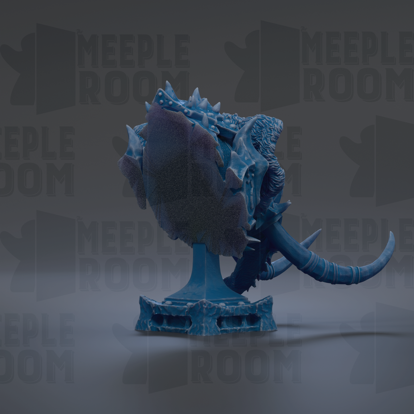 A 3D rendering of a blue, armored creature with sharp teeth and claws, standing on a pedestal.