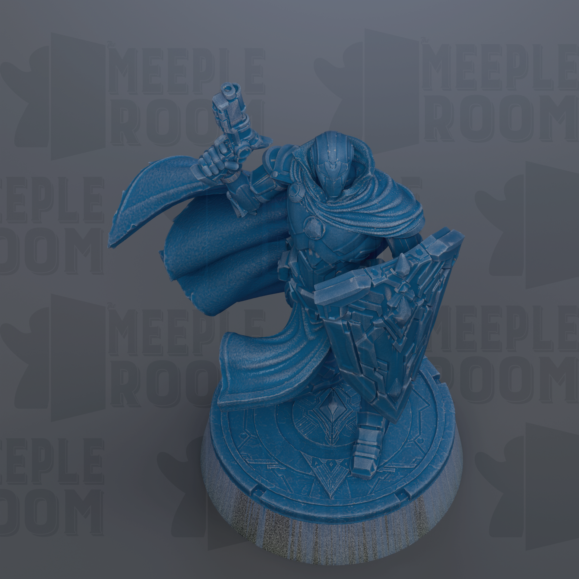 A 3D rendering of a blue armored figure holding a shield and sword, standing on a circular base.