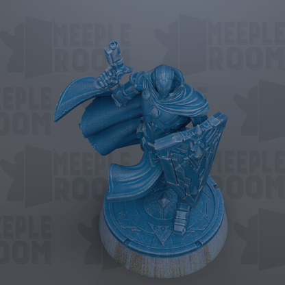A 3D rendering of a blue armored figure holding a shield and sword, standing on a circular base.