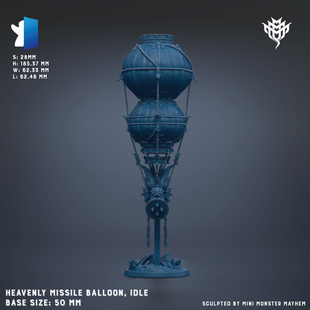 The image is a 3D rendering of a blue, spherical missile balloon with intricate decorations, standing on a base. The base size of the missile balloon is 50 millimeters.